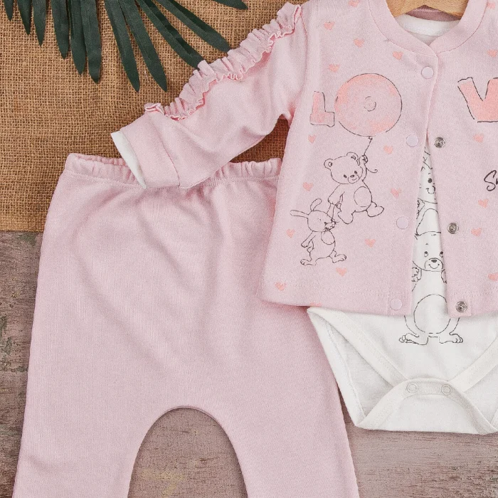 Love Tavşan Desenli Kol Detaylı 3lü Hırkalı Kız Bebek Takım