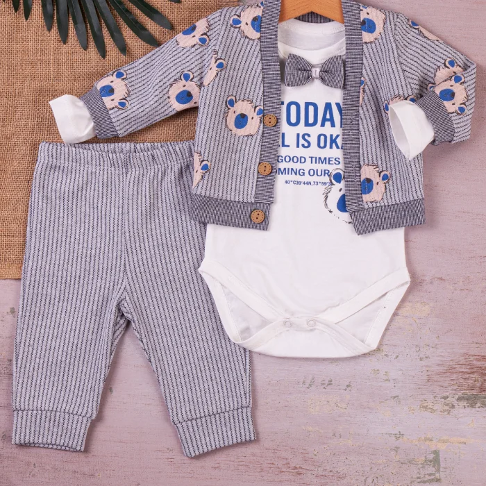 Papyonlu Bear Çizgili Model Ceketli 3lü Erkek Bebek Takımı
