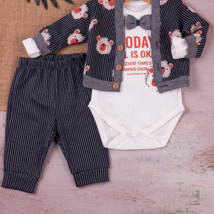 Papyonlu Bear Çizgili Model Ceketli 3lü Erkek Bebek Takımı
