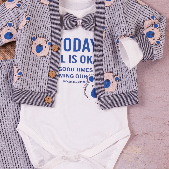 Papyonlu Bear Çizgili Model Ceketli 3lü Erkek Bebek Takımı