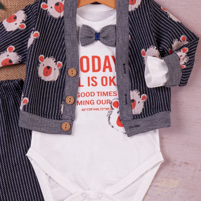 Papyonlu Bear Çizgili Model Ceketli 3lü Erkek Bebek Takımı