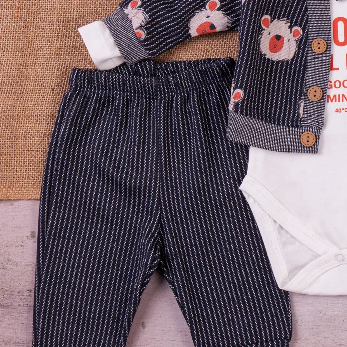 Papyonlu Bear Çizgili Model Ceketli 3lü Erkek Bebek Takımı