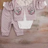 Brode İşlemeli Kalp Desenli 3lü Hırkalı Kız Bebek Takım