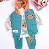 Peluş Ayıcık Desenli Kapişonlu 3lü Erkek Bebek Takımı