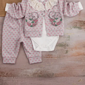 Brode İşlemeli Kalp Desenli 3lü Hırkalı Kız Bebek Takım