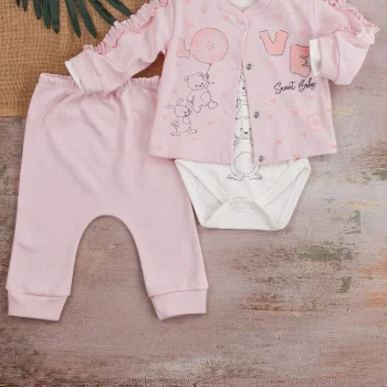 Love Tavşan Desenli Kol Detaylı 3lü Hırkalı Kız Bebek Takım