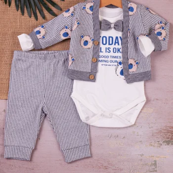 Papyonlu Bear Çizgili Model Ceketli 3lü Erkek Bebek Takımı