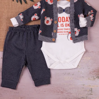 Papyonlu Bear Çizgili Model Ceketli 3lü Erkek Bebek Takımı