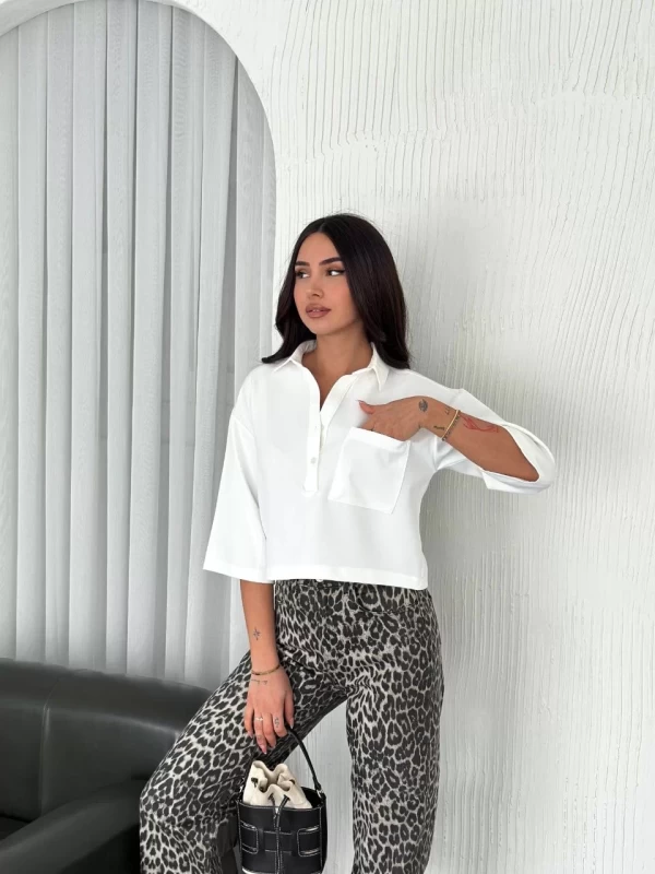Z Krep Kadın Crop Yakalı Gömlek İlik Düğmeli Üç Çeyrek Sleeve Kol - Beyaz