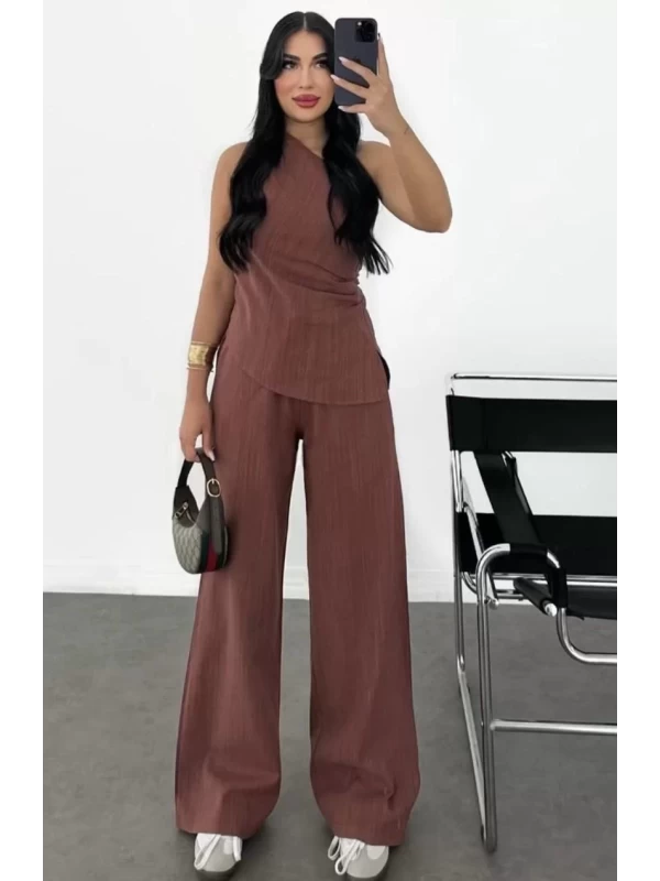 Kadın Keten Asimetrik Tek Omuzlu Bluz Pantalon Takım- Bordo