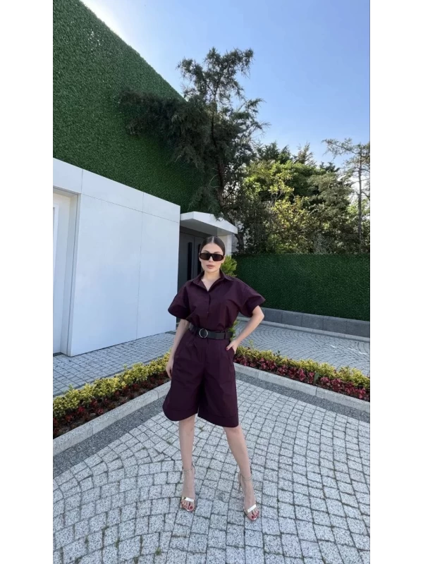 Kadın Yakalı Gömlek Kemerli Şortlu Takım - Bordo