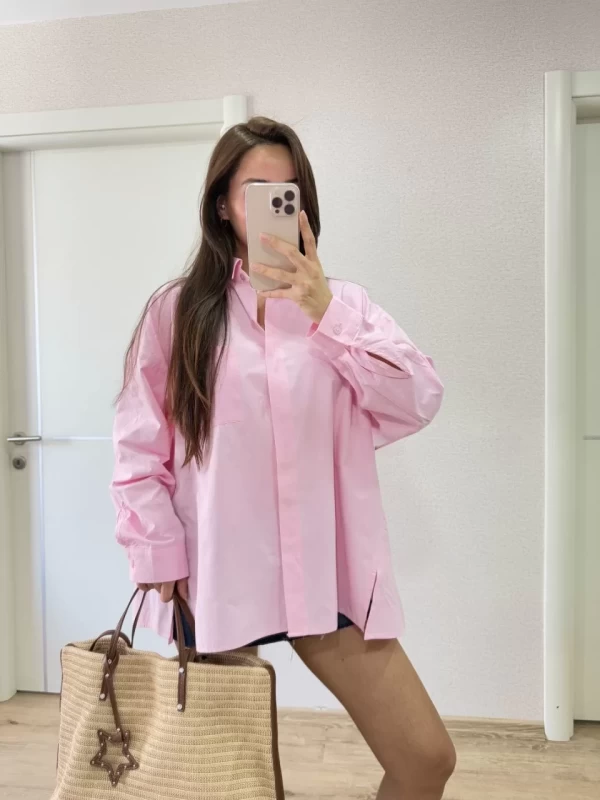 Poplin Kadın Yakalı Yandan Yırtmaçlı Arka Pens Detaylı Gömlek - Pembe