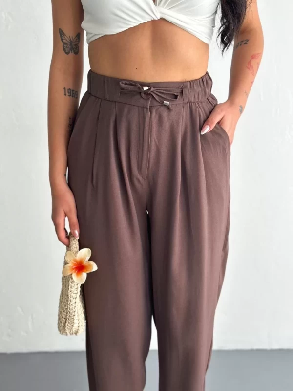 Tencel Kadın Yüksel Bel Rahat Boru Paça Pantalon - Kahverengi