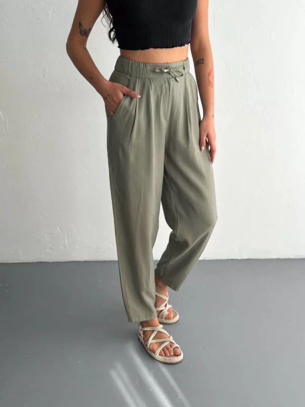 Tencel Kadın Yüksel Bel Beli Bağcıklı Cepli Rahat Paça Pantalon - Su Yeşili