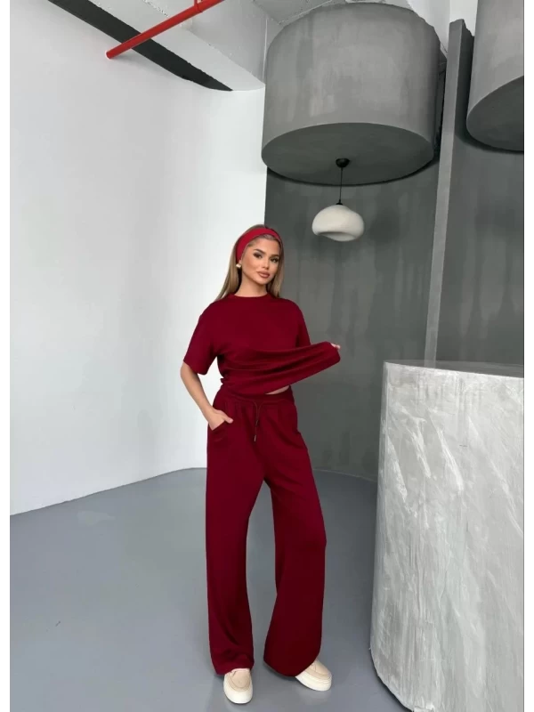 Osy Modal Yumuşak Dokulu Kumaş   Kısa Kollu Bluz Rahat Pantalon ikili Takım- Bordo
