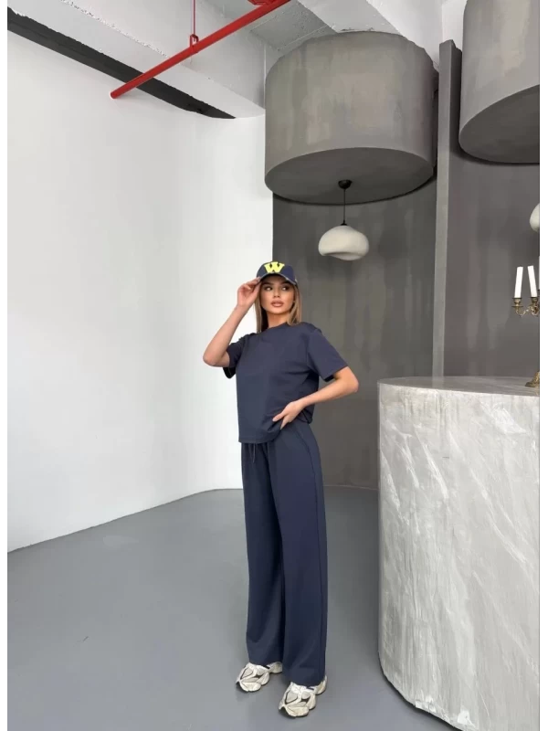 Osy Modal Yumuşak Dokulu Kumaş Kısa Kollu Bluz Rahat Pantalon ikili Takım- Füme