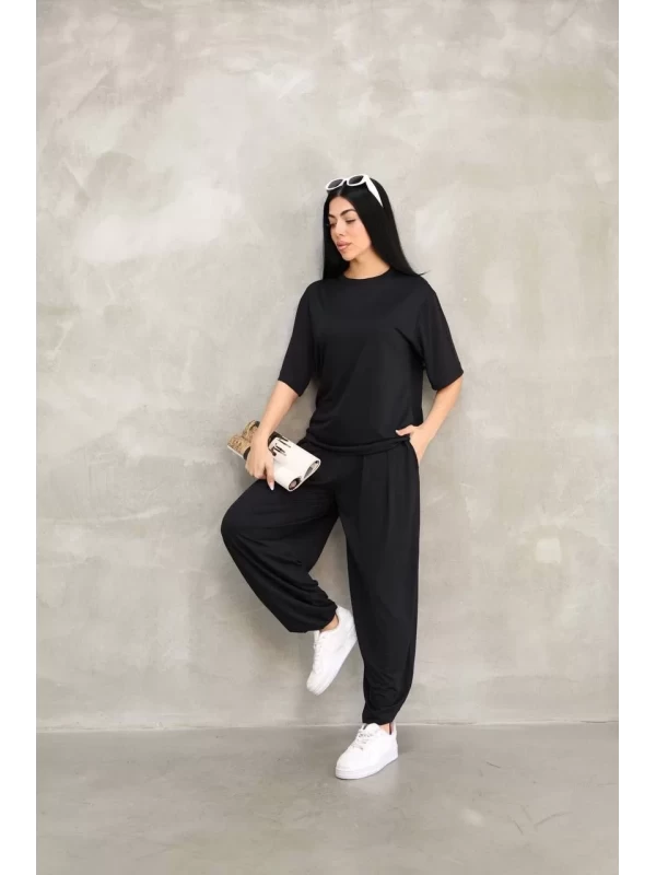 Osy Modal Yumuşak Dokulu Kumaş Oversize Bisiklet Yaka T-shirt Jogger Eşofman Altı Eşofman Takımı - Siyah