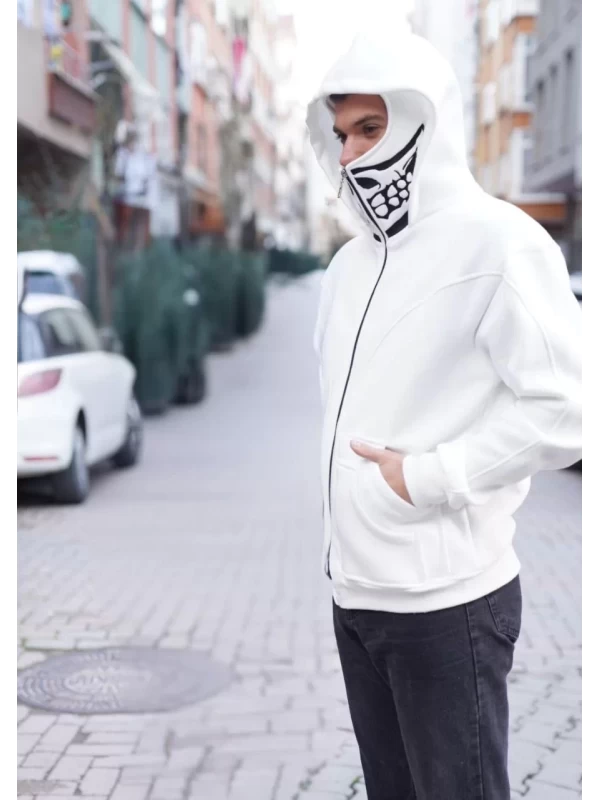 Samuray Kapşonlu ZIP Fermuarlı Çift Kapşonlu Nakışlı SweatShirt- Beyaz