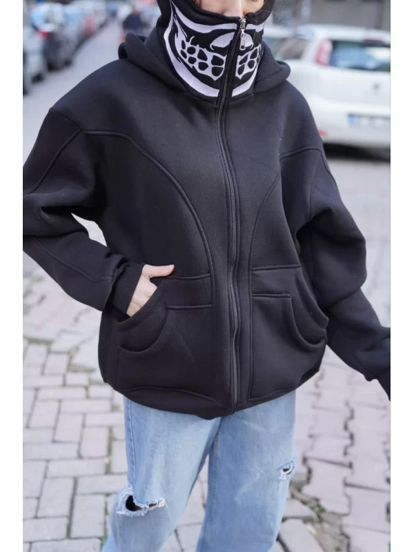 Samuray Kapşonlu ZIP Fermuarlı Çift Kapşonlu Nakışlı SweatShirt- Siyah