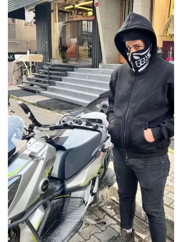 Samuray Kapşonlu ZIP Fermuarlı Çift Kapşonlu Nakışlı SweatShirt- Siyah