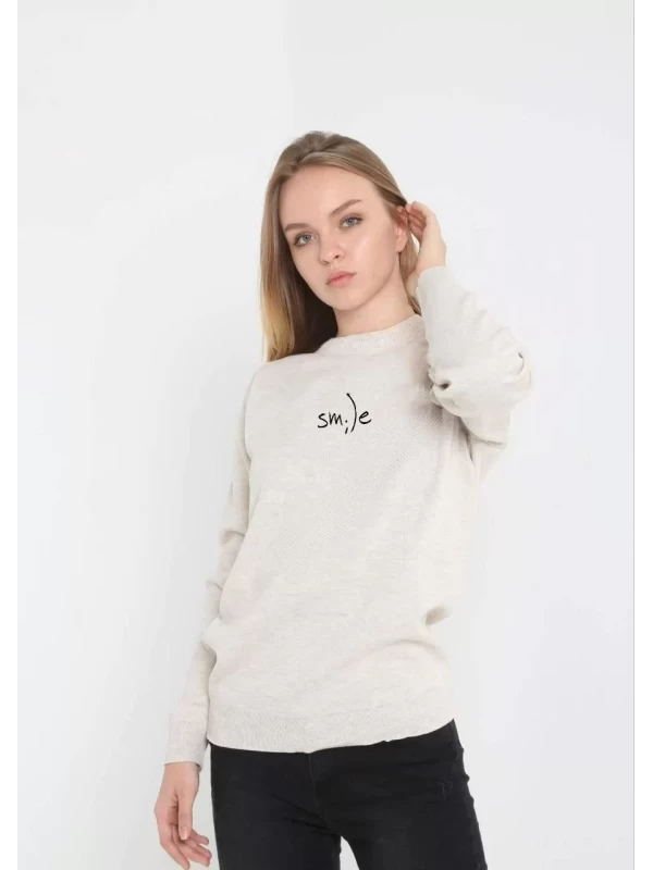 Unisex Bisiklet Yaka Baskılı Dokuma Triko - Bej