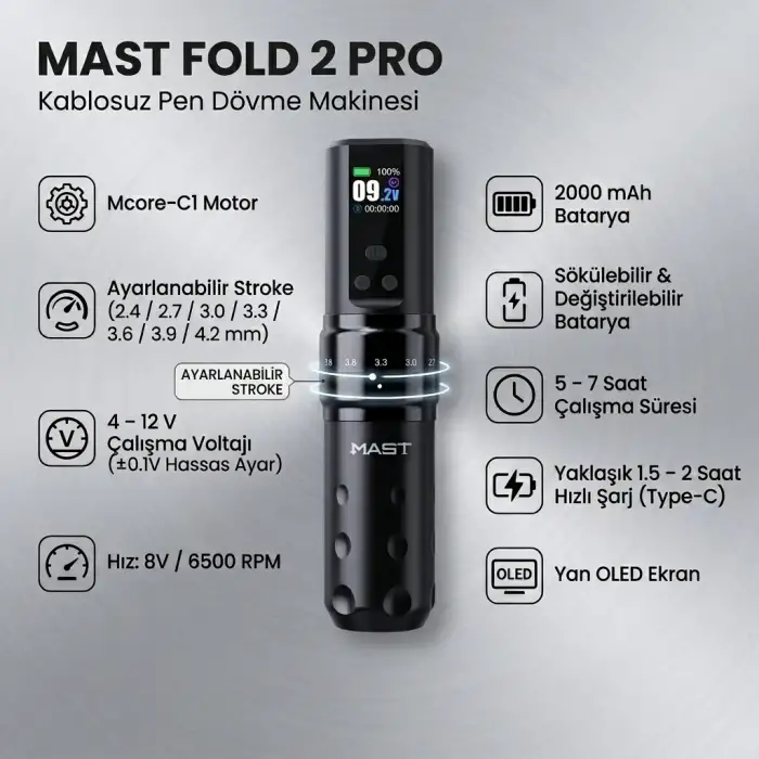Mast Fold 2 Pro Ayarlanabilir Stroke 2.4-4.2mm Kablosuz Dövme Makinesi - Siyah