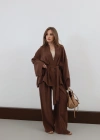 Bağlamalı Kimono Pantolon Modal Takım Kahve