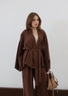 Bağlamalı Kimono Pantolon Modal Takım Kahve