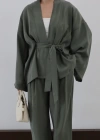Bağlamalı Kimono Pantolon Modal Takım Haki