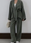 Bağlamalı Kimono Pantolon Modal Takım Haki