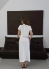 Cepli Yırtmaçlı Viskon Keten Midi Etek Beyaz