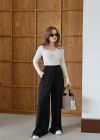 Beli Lastikli Dökümlü Geniş Paça Pantolon Siyah