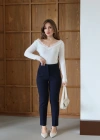 Kumaş Detaylı Önü Flatolu Pantolon Lacivert