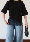 Eteği Dantelli T-shirt Siyah