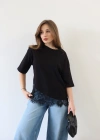 Eteği Dantelli T-shirt Siyah