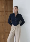 Beli Korseli Uzun Kollu Crop Gömlek Lacivert