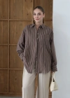 Gizli Patlı Çizgili Modal Gömlek Kahve
