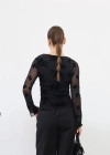 Jakarlı Kolları Transparan Büzgülü Bluz Siyah