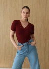Dantel Yakalı Kısa Kol Body Bordo