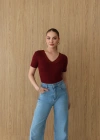 Dantel Yakalı Kısa Kol Body Bordo