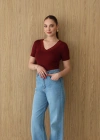 Dantel Yakalı Kısa Kol Body Bordo