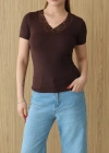 Dantel Yakalı Kısa Kol Body Kahve
