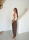 Beli Lastikli Bağıcıklı Pileli Modal Pantolon Kahve
