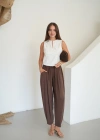 Beli Lastikli Bağıcıklı Pileli Modal Pantolon Kahve