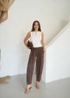 Beli Lastikli Bağıcıklı Pileli Modal Pantolon Kahve