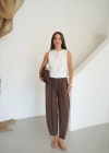 Beli Lastikli Bağıcıklı Pileli Modal Pantolon Kahve