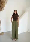 Beli Lastikli Dökümlü Geniş Paça Pantolon Haki