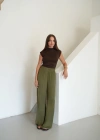 Beli Lastikli Dökümlü Geniş Paça Pantolon Haki