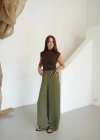 Beli Lastikli Dökümlü Geniş Paça Pantolon Haki