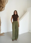 Beli Lastikli Dökümlü Geniş Paça Pantolon Haki